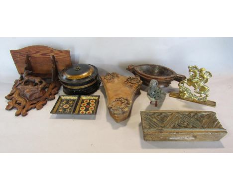 A miscellaneous collection of items including, a Georgian tole ware circular spice tin with six divisions and nutmeg grater, 