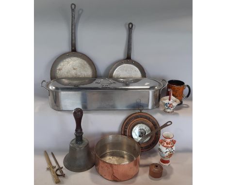 A stainless steel salmon poacher, a handbell,Three further vintage cooking pans etc 