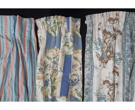 Four single vintage curtains for use as curtains or for fabric salvage; two in Warner 'Peacocks and Pines' lined with pencil 