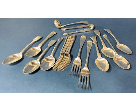 A varied selection of Georgian and Victorian silver flatware, 10 forks, 8 spoons, a ladle and a sugar tong, 30 ozs approximat