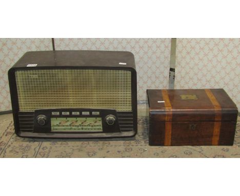 A vintage Ekco Bakelite mains radio model number U199 together with a 19th century walnut domed top sewing box (af) (2) 