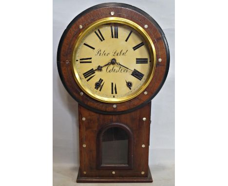 Four clocks comprising a mid-19th century rosewood and mother of pearl inlaid drop dial wall clock with painted dial and eigh