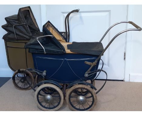 Two vintage dolls' prams by Tri-ang, both with a deep frame, storage compartment under the inner base, and age related wear a