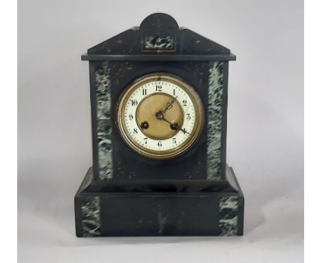 Victorian black slate and marble mantle clock of architectural form with eight day striking movement, key and pendulum 
