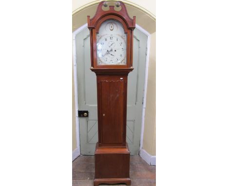 A Georgian mahogany longcase clock, the case with swan neck pediment enclosing a broken arch painted dial and eight day strik