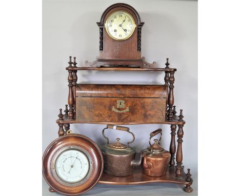 A Victorian mahogany open shelf, two copper kettles, a coal scuttle, brass tray, a mahogany cased mantle clock, a wheel barom