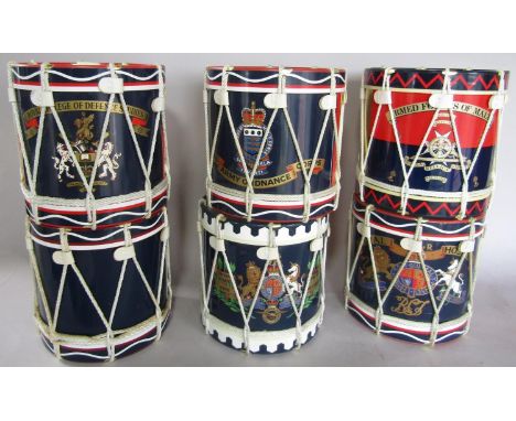 Seven ice buckets in form of Military Drums, including The Royal Army of Ordnance, Royal Navy, Royal Air Force etc, 17cm diam