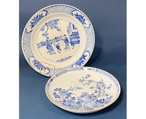 Two Chinese blue and white porcelain dishes (Qing period), one with four-character Kangxi mark underneath, largest diameter: 