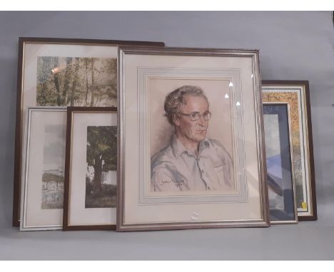 Six framed works of art to include: Juliet Pannett (1911-2005), portrait of a gentleman wearing glasses, 1982, chalk and char