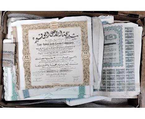 A box containing various share certificates including The Land Bank Of Egypt, The Book Aboukir Land Company, etc (1) 