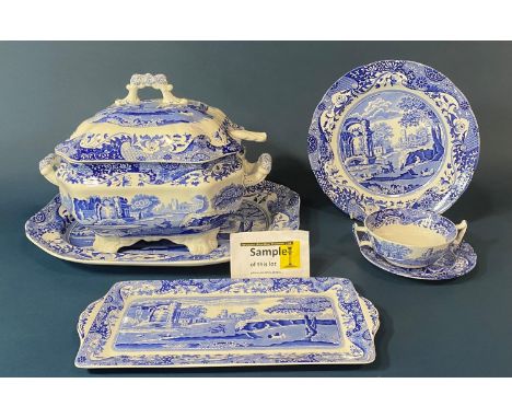 A collection of Spode Italian blue and white printed dinnerware, comprising dinner plates, side plates, soup plates, breakfas