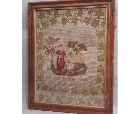 19th Century tapestry sampler depicting Boaz and Ruth by Ellen Bostock aged 12 years, framed and glazed, 41 x 54 cm 