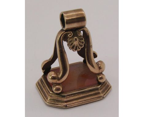 Antique yellow metal intaglio-cut carnelian seal fob with motto 'Viget In Cinere Virtus', plus crest and monogram, possibly r