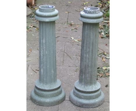A pair of light green painted cast alloy cylindrical fluted columns/pedestals 70 cm high 