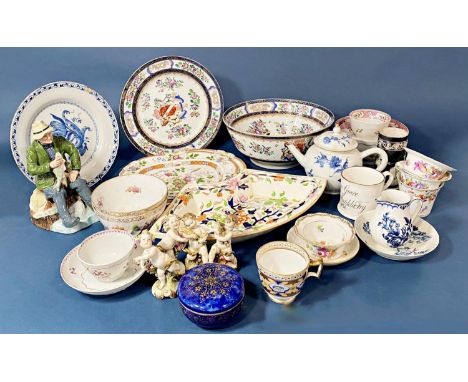 A mixed collection including Famille Rose bowl probably by Sampson, Wedgwood crescent shaped dish, oviform teapot in the Worc