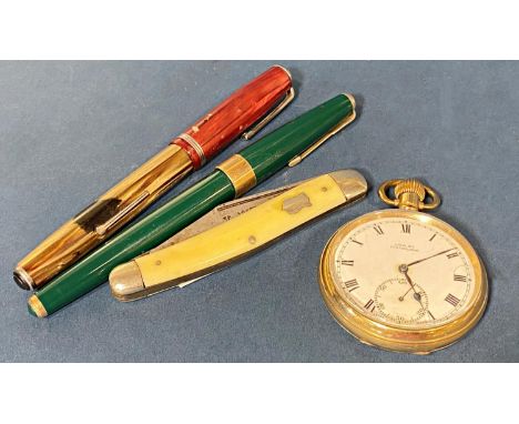 A pocket watch with gold plated case (in working order), a vintage pen knife, vintage Parker 17 fountain pen and one other 