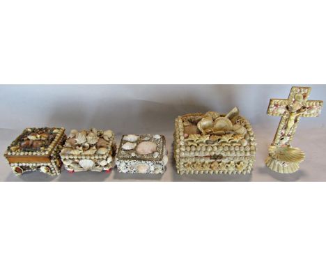 Four vintage seashell encrusted trinket boxes and a seashell encrusted crucifix. 5 