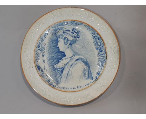 19th Century Staffordshire pearlware commemorative child's plate with relief foliate border and blue and white transfer print