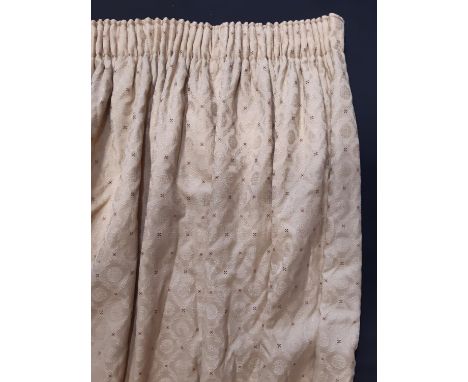 1 pair full length curtains, in gold/ beige damask type fabric, lined + thermal lining with pencil pleat heading, length 230c