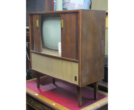 A Myrth vintage black and white television model number V879c in original cabinet with tambour front with operating instructi