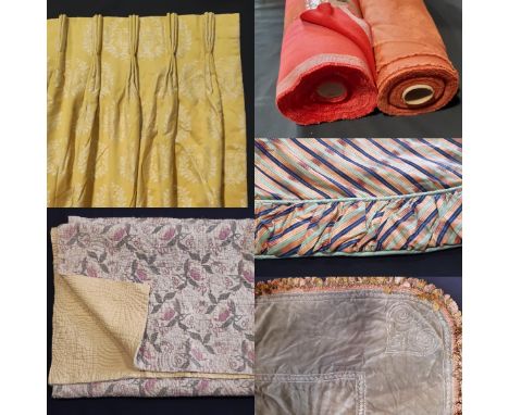 Mixed textile collection including the following; extra long single thermal lined curtain in gold fabric, possibly silk, leng