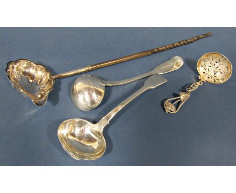 A pair of Georgian silver sauce ladles, London 1836 by Mary Chawner, 18cm long, 4.9oz approx, together with a silver whalebon