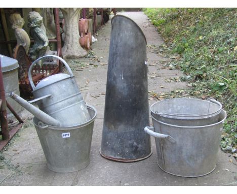 A small collection of vintage galvanised wares including buckets, coal hod and watering can 