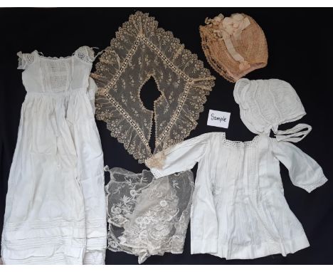 Small collection of vintage textiles including 3 baby gowns, child/baby bonnets, lacework etc 