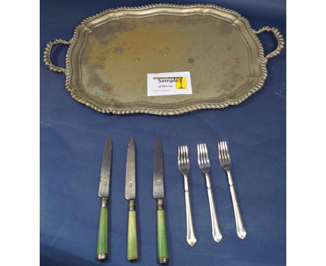 Mappin &amp; Webb silver plated fish knives and forks, eleven of each, a distressed silver plated serving tray and a quantity