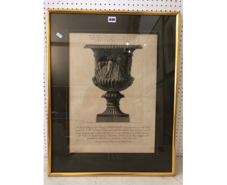 After Giovanni Battista Piranesi (1720-1778), a classical urn, print on paper, 36 x 49 cm, framed and glazed 