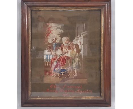 19th Century tapestry sampler of Eli and Samuel (1863), by Mary Bigley, aged 12, 46 x 57 cm framed and glazed 
