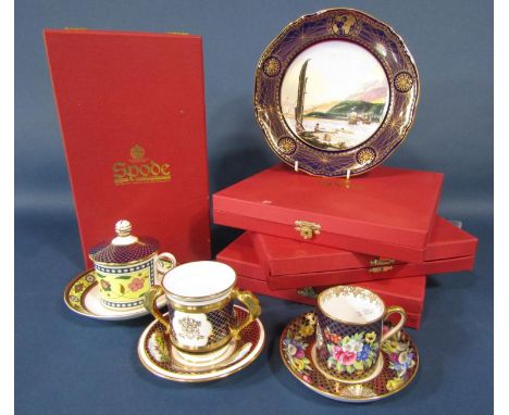 A collection of Spode commemorative cups and plates comprising The National Maritime Museum lidded chocolate cup and saucer i