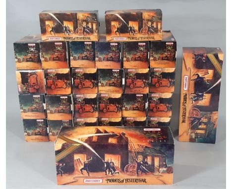 28 boxed models of vintage fire engines by Matchbox Models of Yesteryear (includes 2 larger size boxes) 