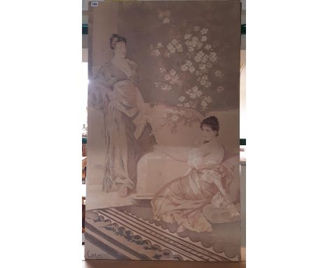 A. Cortes, Ladies playing a harp, print on canvas, artist's name and date '98 printed lower left, 71 x 119 cm 