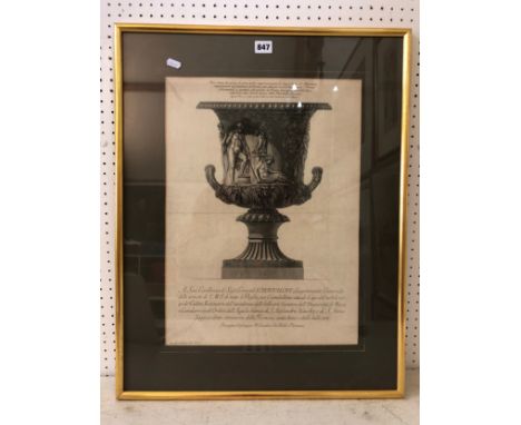 After Giovanni Battista Piranesi (1720-1778), a classical urn, print on paper, 36 x 49 cm, framed and glazed 