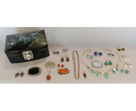 Collection of silver gem set jewellery to include thirteen pairs of earrings of various design, several amber pieces to inclu