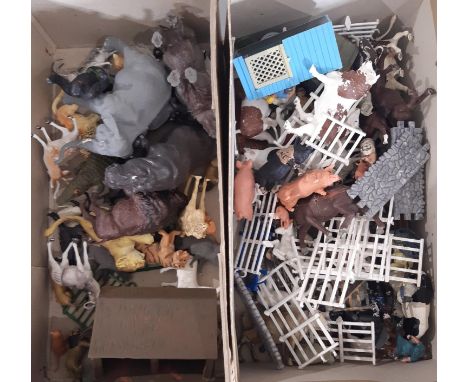 Collection of vintage zoo and farm animals and people in plastic and metal, mainly by Britains (in 2 shoeboxes) 