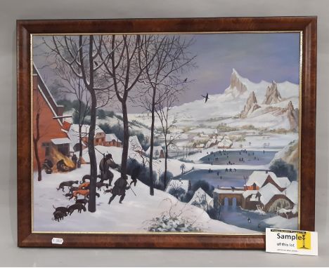 Two framed oil paintings on board and one print (20th Century) to include: After Pieter Bruegel the Elder, 'Hunters in the Sn