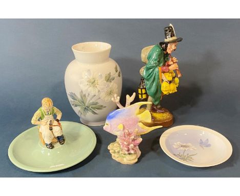 A Worcester figure of a blue angel fish by R Van Ruykwill, a Timpson centenary dish showing a cobbler, a Doulton figure The M