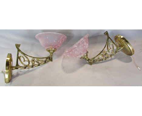 A brass late 19th century style three branch ceiling light with mottled pink glass shades and a pair wall lights to match. 3 