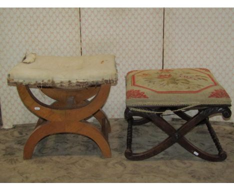 A Biedermeier stool with cherrywood veneers, of X shaped construction, further Regency framed stool with hand worked tapestry