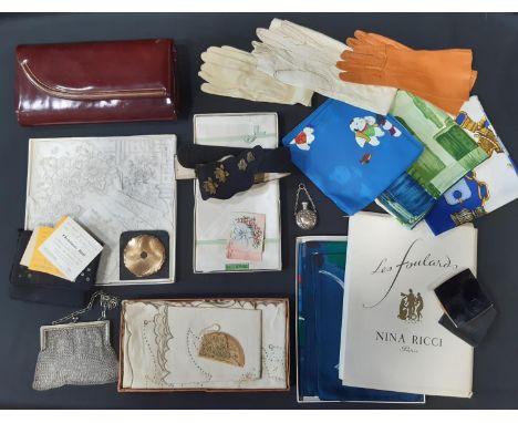Collection of vintage and designer textiles including silk scarves by Nina Ricci. Claude Boissy and John Lanvin, a Gucci clut