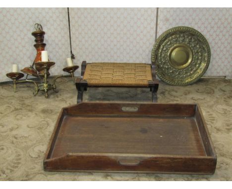 A rectangular mahogany butlers tray of usual form, pierced brass Indian salver, three branch Italian ceiling light with carve