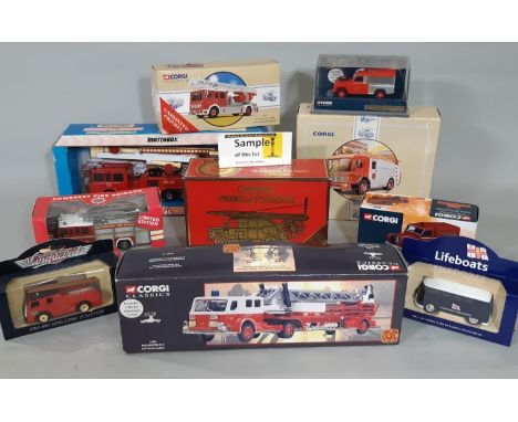 Large collection of boxed and unboxed model fire engines and fire service vehicles including boxed Corgi vehicles for Bath, H