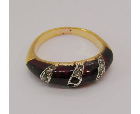 Yellow metal bombe ring set with garnets and rose-cut diamonds, size K/L, 4.4g (two diamonds vacant) 