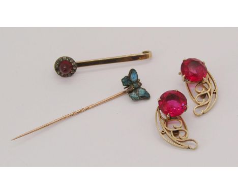 Group of jewellery comprising a Child &amp; Child stick pin with blue enamelled butterfly terminal (enamel losses), a stylise