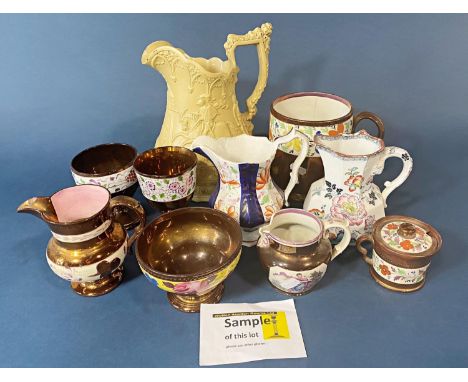 A mixed collection of 19th century pottery including copper lustre goblets, further copper lustre mugs and jugs, Ridgway smea