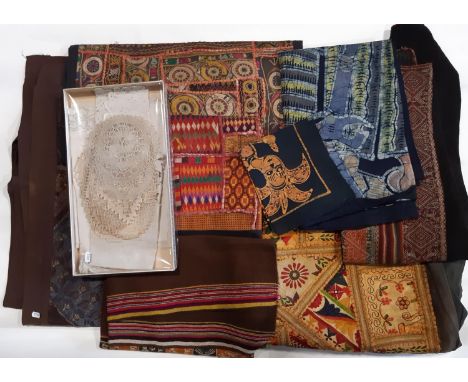 Mixed textile collection including the following: 3 decorative Indian panels, the largest in yellow and red colours with embr