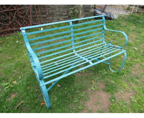 A vintage sprung steel two seat garden bench with strapwork seat and painted finish, 120 cm wide 