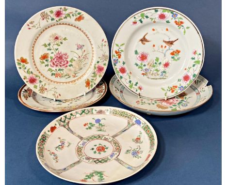 Group of five 18th Century Chinese porcelain dishes to include: famille verte dish with blue seal mark underneath; and four f